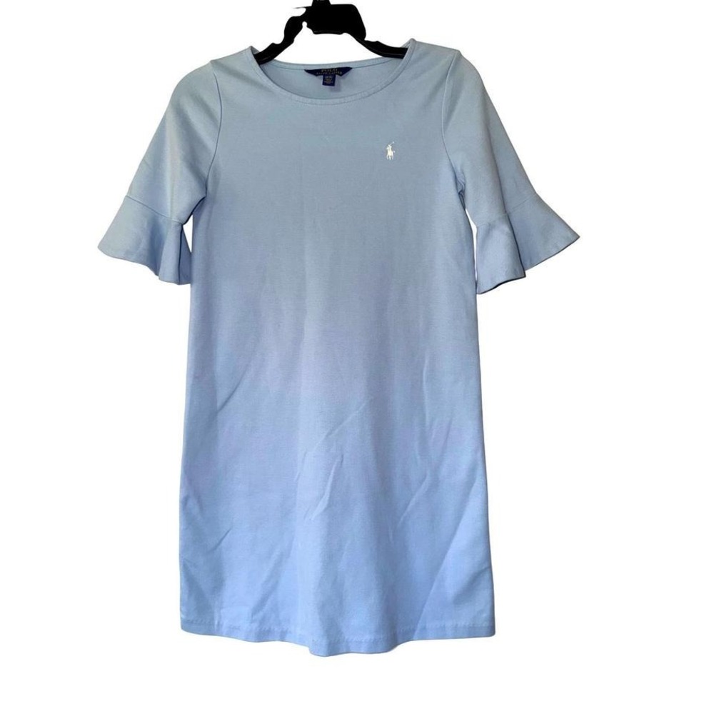 Polo Ralph Lauren Girls Light Blue Ruffle Bell Sleeve Shift Dress Large 12-14